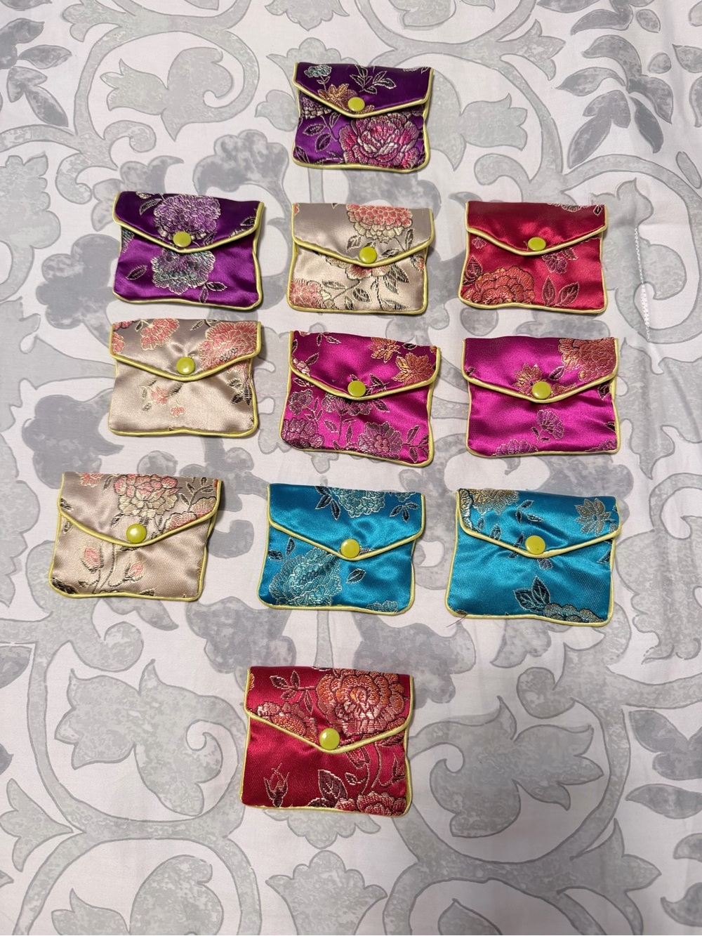Chinese satin Floral Pouch - Pink, Purple, Red, Blue, Cream Assorted